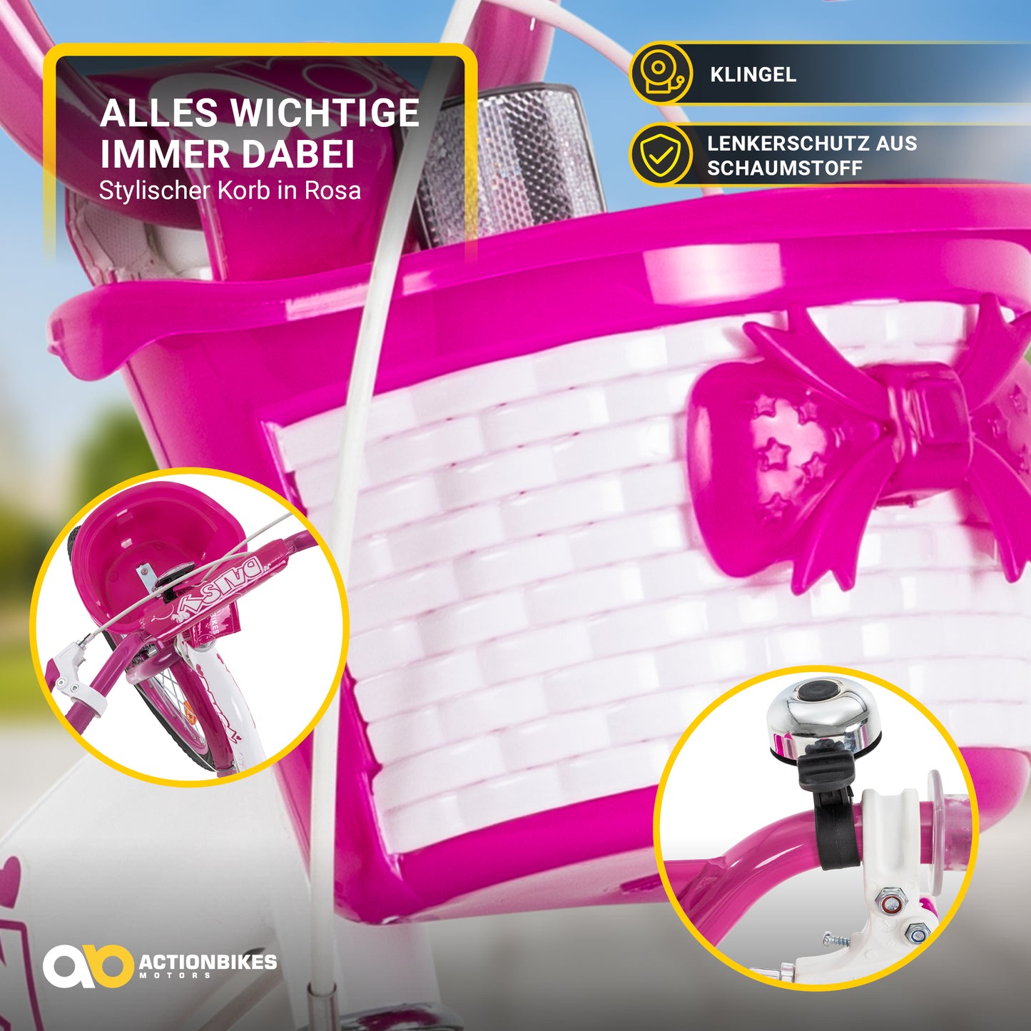 Kinderfahrrad Daisy 20 Zoll, pink, V-Brake-Bremsen, Antirutschgriffe, Kettenschutz, Korb