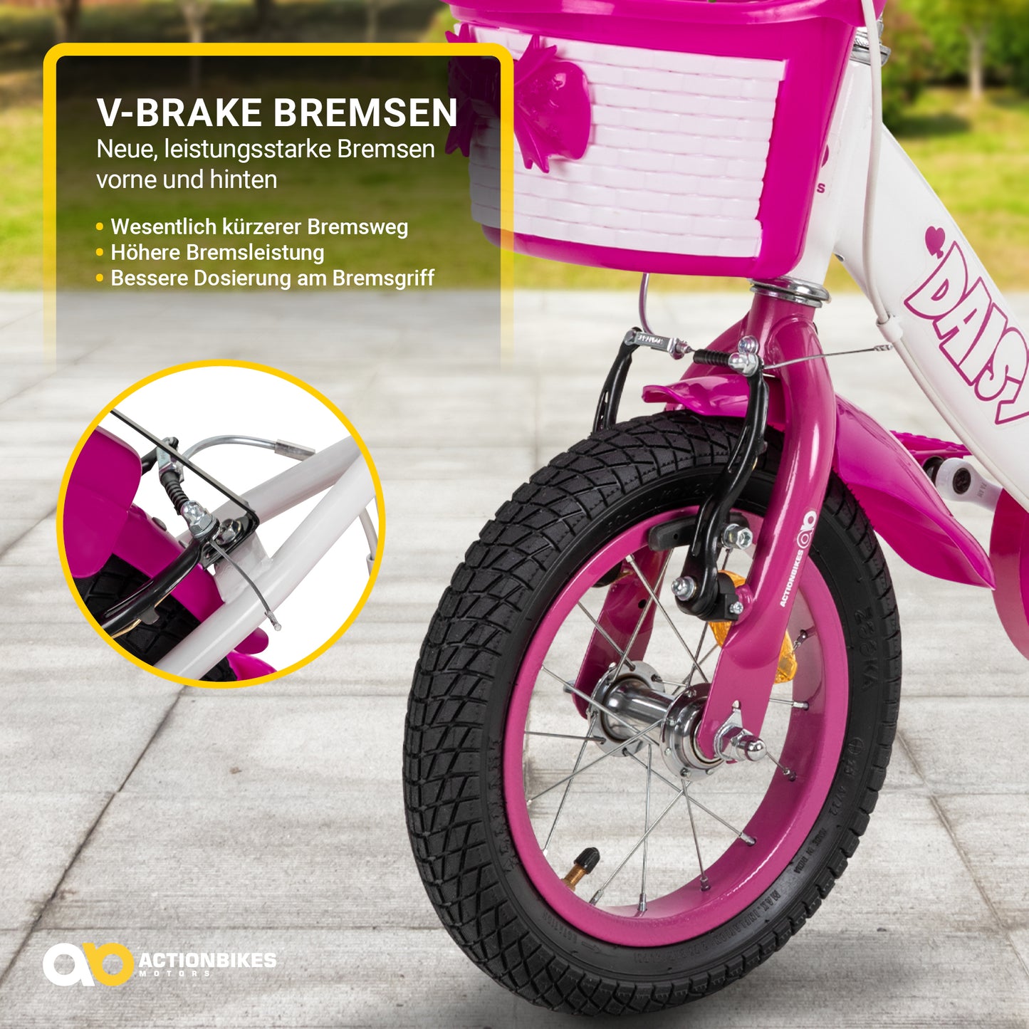 Kinderfahrrad Daisy 12 Zoll, pink, Stützräder, Korb, V-Brake-Bremsen, Antirutschgriffe