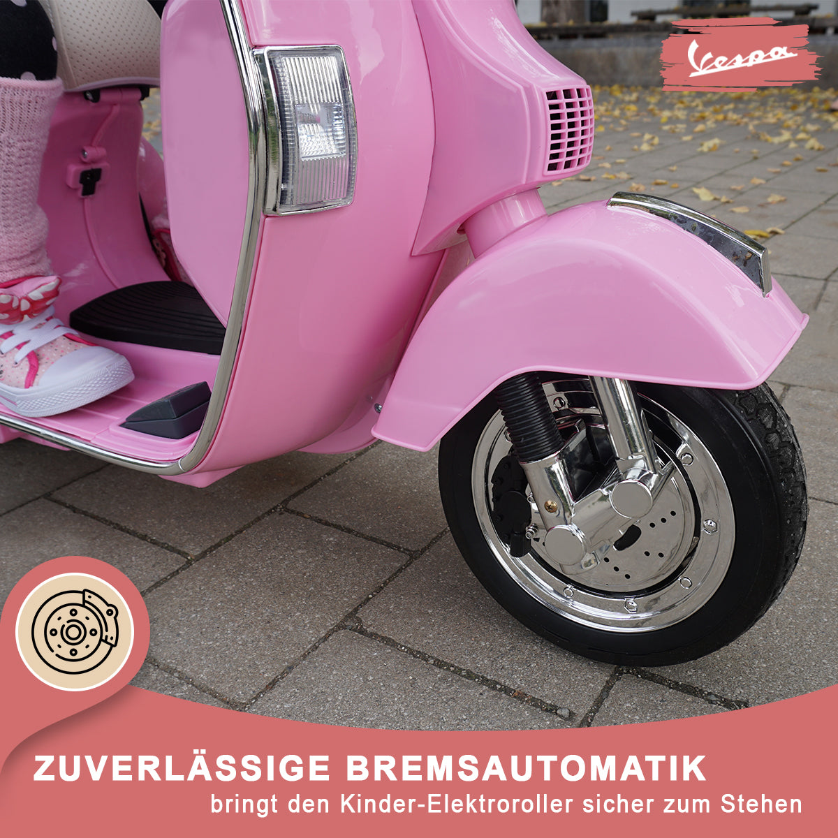 Kinder-Elektroroller Vespa, lizenziert, EVA-Reifen, LED-Scheinwerfer, Koffer, Soundmodul, Stützräder