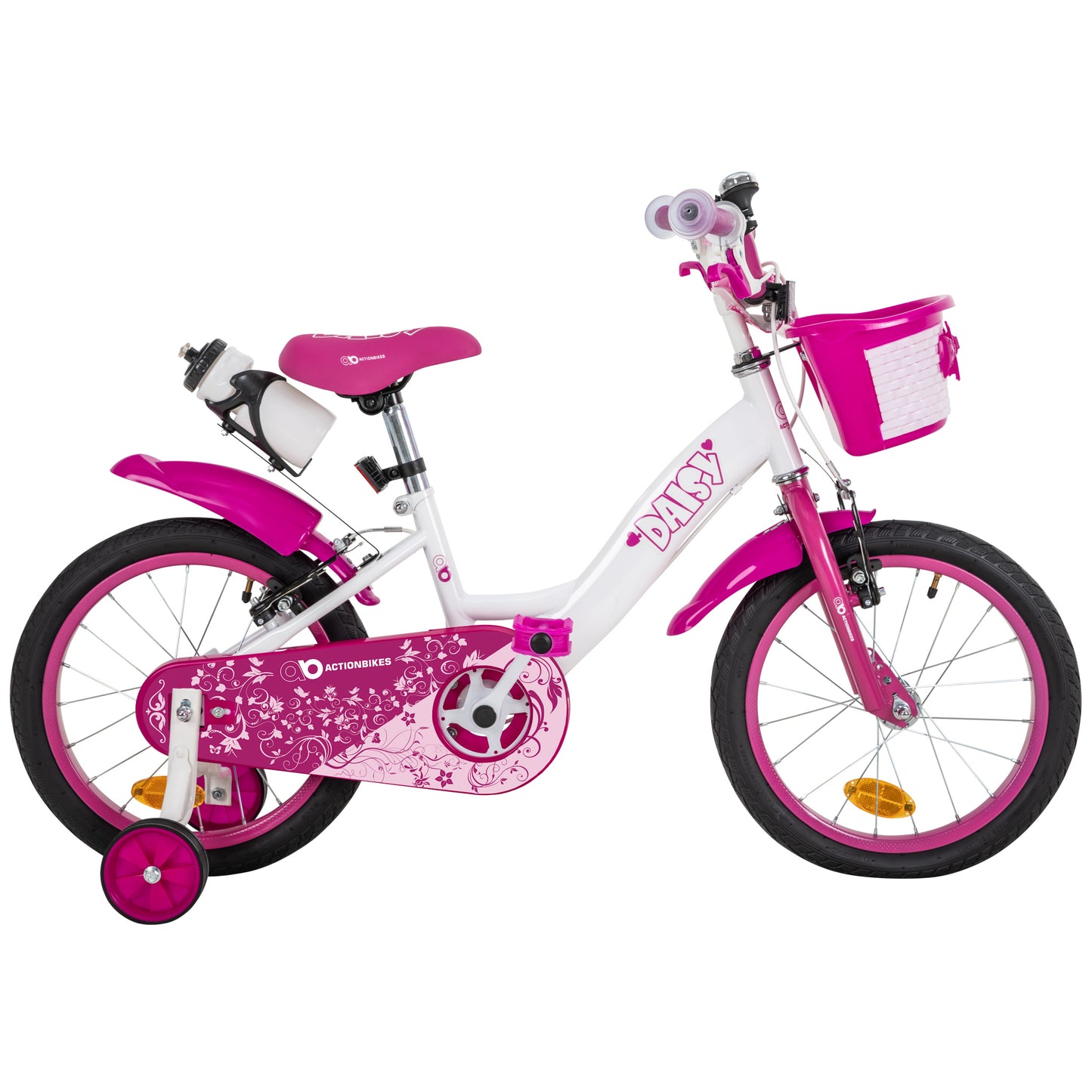 Kinderfahrrad Daisy 16 Zoll, pink, Stützräder, Korb, V-Brake-Bremsen, Antirutschgriffe