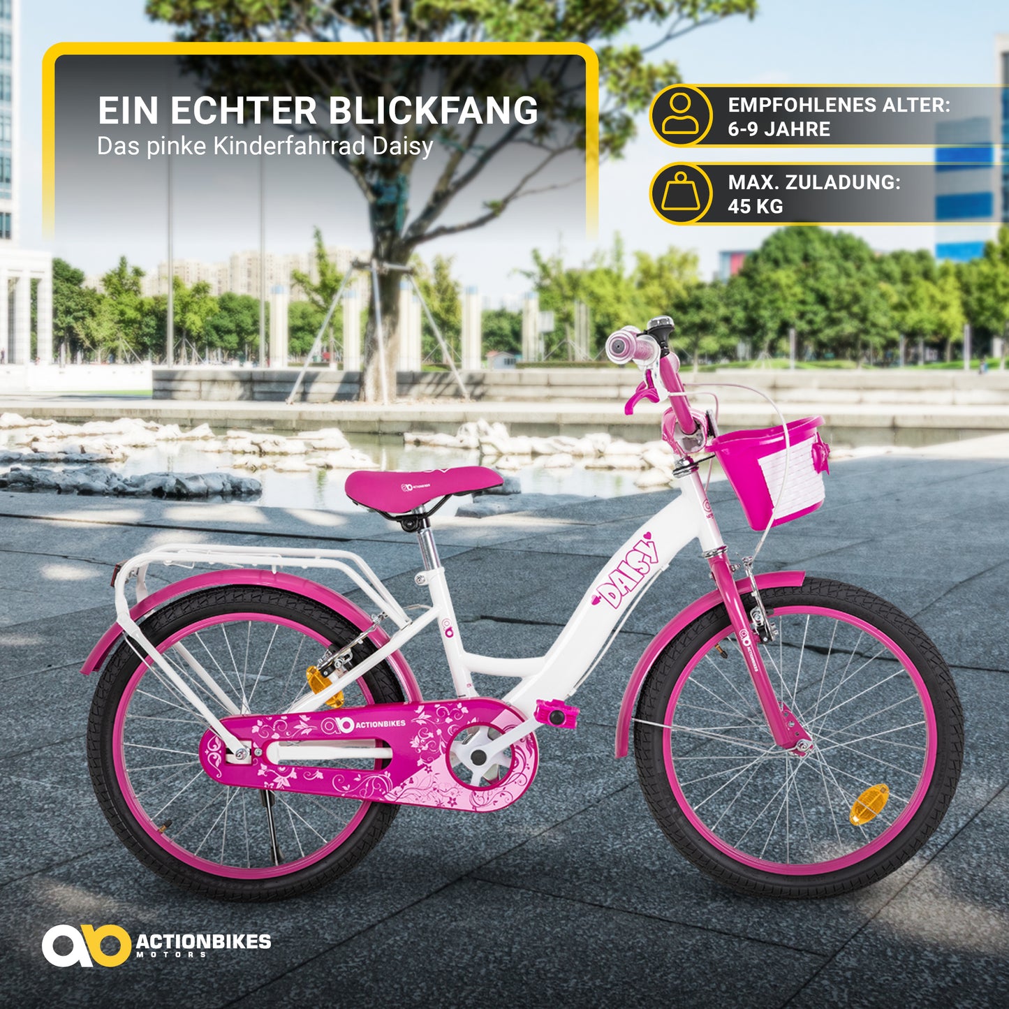 Kinderfahrrad Daisy 20 Zoll, pink, V-Brake-Bremsen, Antirutschgriffe, Kettenschutz, Korb