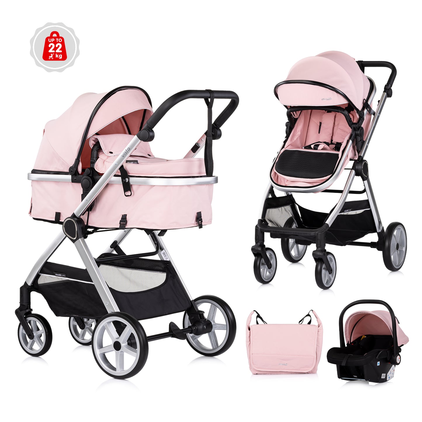 3-in-1 VERWANDELBARER KINDERWAGEN „VISTA“ MARSHMALLOWPINK