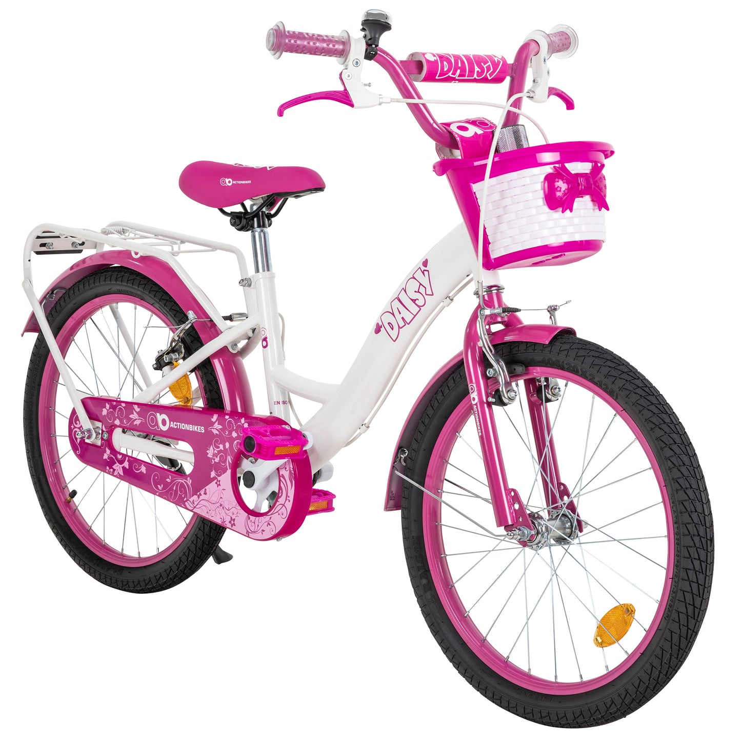 Kinderfahrrad Daisy 20 Zoll, pink, V-Brake-Bremsen, Antirutschgriffe, Kettenschutz, Korb