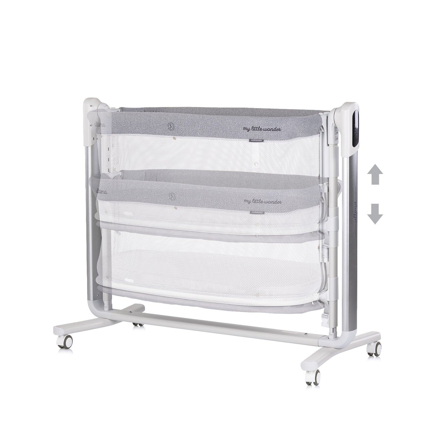 ELEKTRISCHES BEISTELLBETT/BABYWIEGE MIT ABKLAPPBARER SEITE „ULTIMA“ GREY