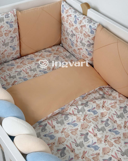 Bettwäsche-Set „Kleine Häschen – Pfirsich, Blau und Grau“