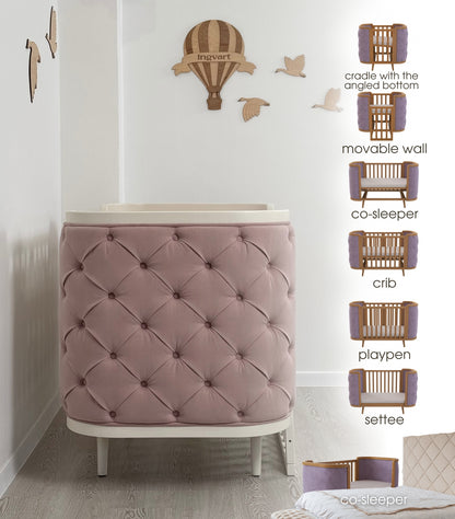 Boho-Verwandlungsbett mit Kutschenbett und beweglicher Wand (milchiger Korpus, matter Veloursstoff, puderrosa)