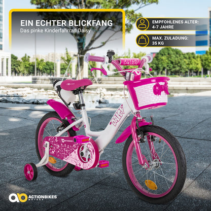Kinderfahrrad Daisy 16 Zoll, pink, Stützräder, Korb, V-Brake-Bremsen, Antirutschgriffe