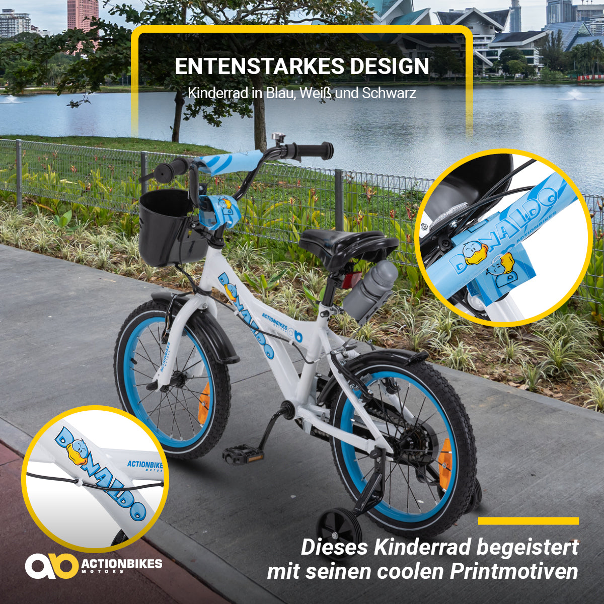 Kinderfahrrad Donaldo 16 Zoll, V-Brake-Bremsen, höhenverstellbar, Stützräder, Korb