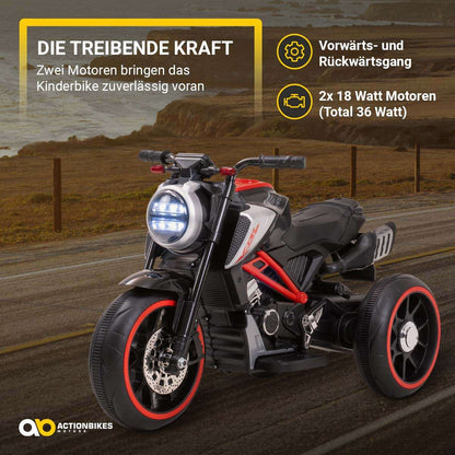 Kindermotorrad Cruiserbike, Motorsound, Bremsautomatik, 36 Watt, 2x 6 Volt, Hartplastikreifen, LED