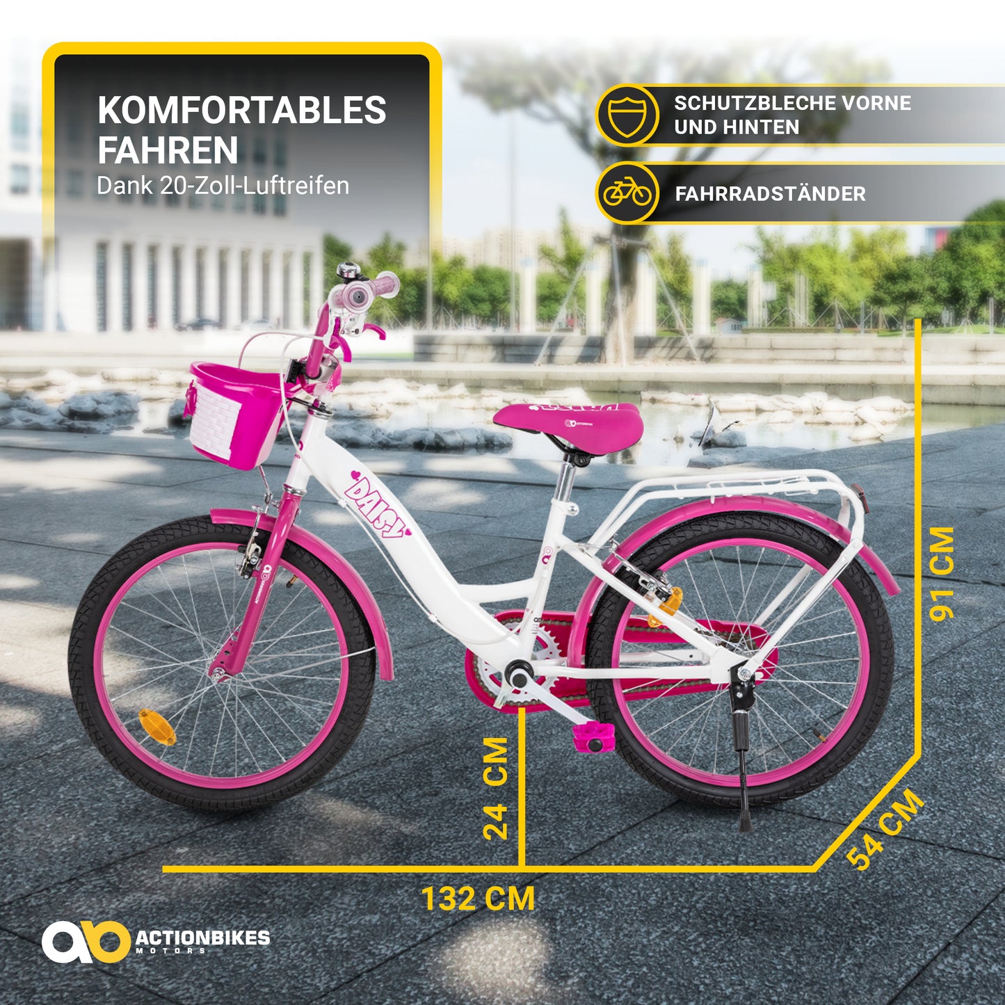 Kinderfahrrad Daisy 20 Zoll, pink, V-Brake-Bremsen, Antirutschgriffe, Kettenschutz, Korb