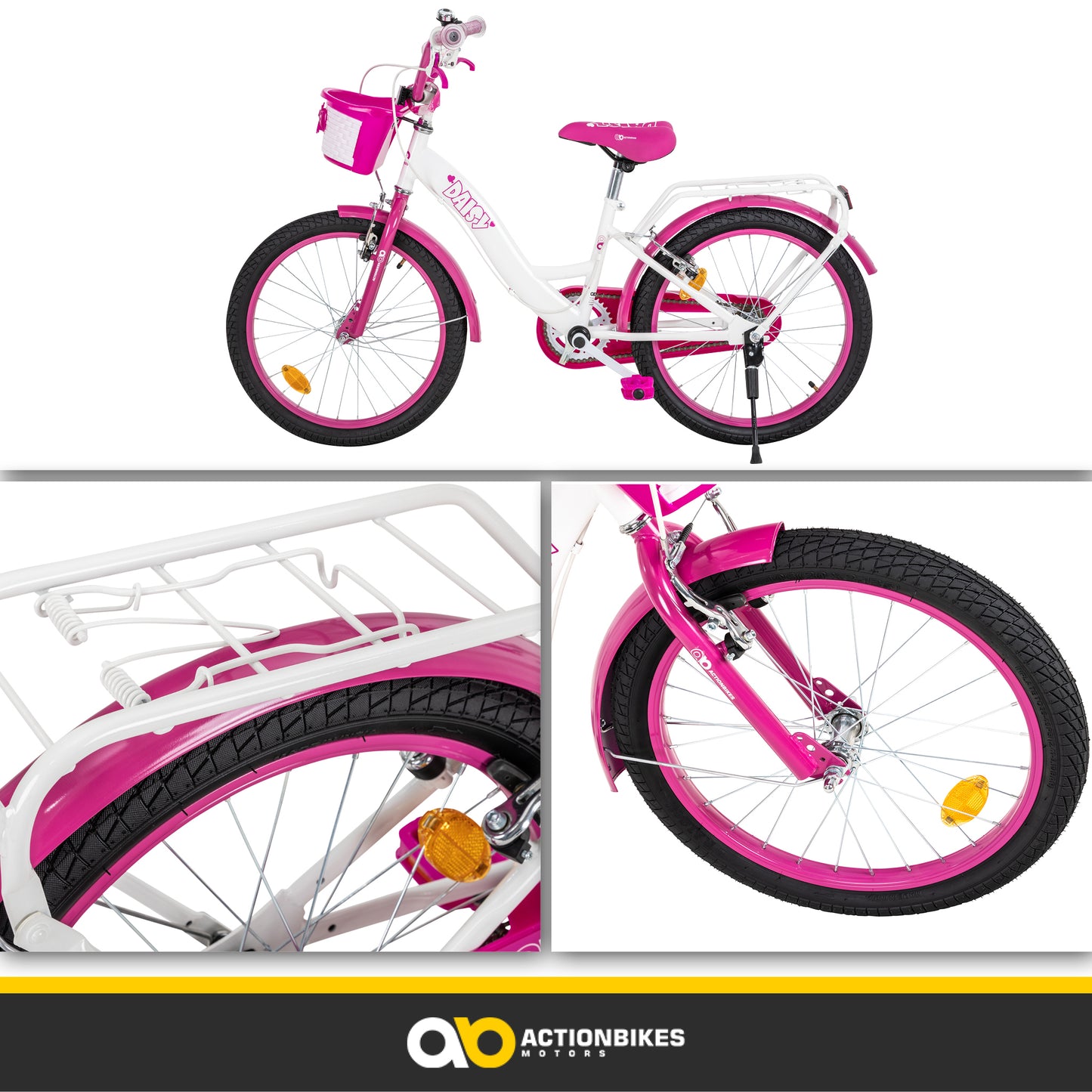Kinderfahrrad Daisy 20 Zoll, pink, V-Brake-Bremsen, Antirutschgriffe, Kettenschutz, Korb