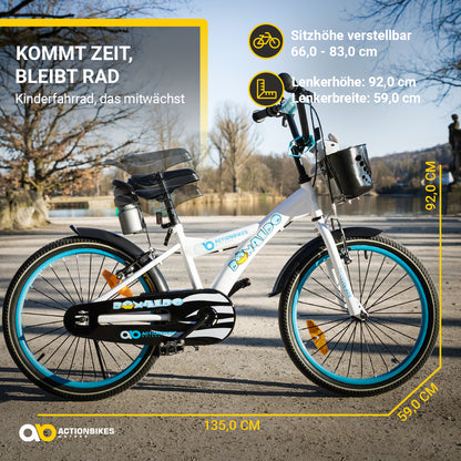 Kinderfahrrad Donaldo 20 Zoll, V-Brake-Bremsen, höhenverstellbar, Seitenständer, Korb