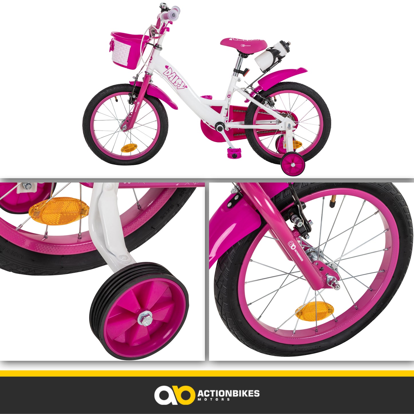 Kinderfahrrad Daisy 16 Zoll, pink, Stützräder, Korb, V-Brake-Bremsen, Antirutschgriffe