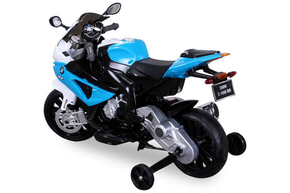 Kindermotorrad BMW S 1000 RR, lizenziert, 70 Watt, EVA-Vollgummireifen, Stützräder, 12 V, Soundmodul