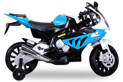 Kindermotorrad BMW S 1000 RR, lizenziert, 70 Watt, EVA-Vollgummireifen, Stützräder, 12 V, Soundmodul