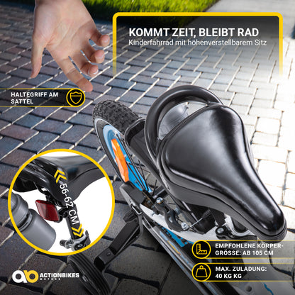 Kinderfahrrad Donaldo 16 Zoll, V-Brake-Bremsen, höhenverstellbar, Stützräder, Korb