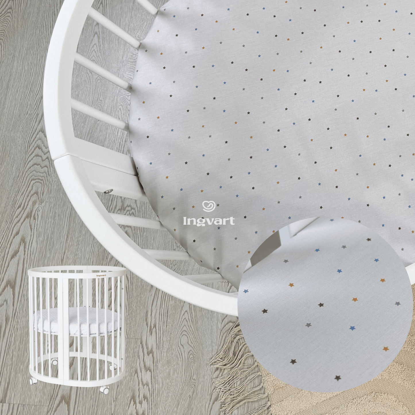 Matratzenlaken aus Baumwolle, 72 x 72 cm, „Mehrfarbige Sterne auf Grau“, Ranfors