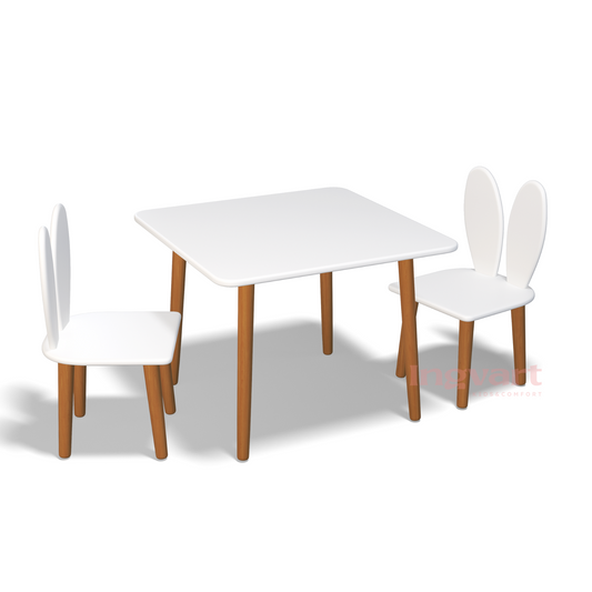 quadratischer Kindertisch und Stühle „Hase“